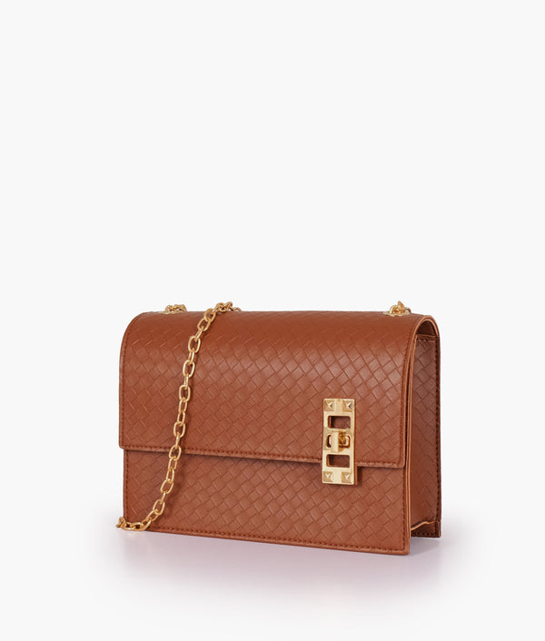 RTW Creation - Brown weaved chain shoulder bag with twist lock