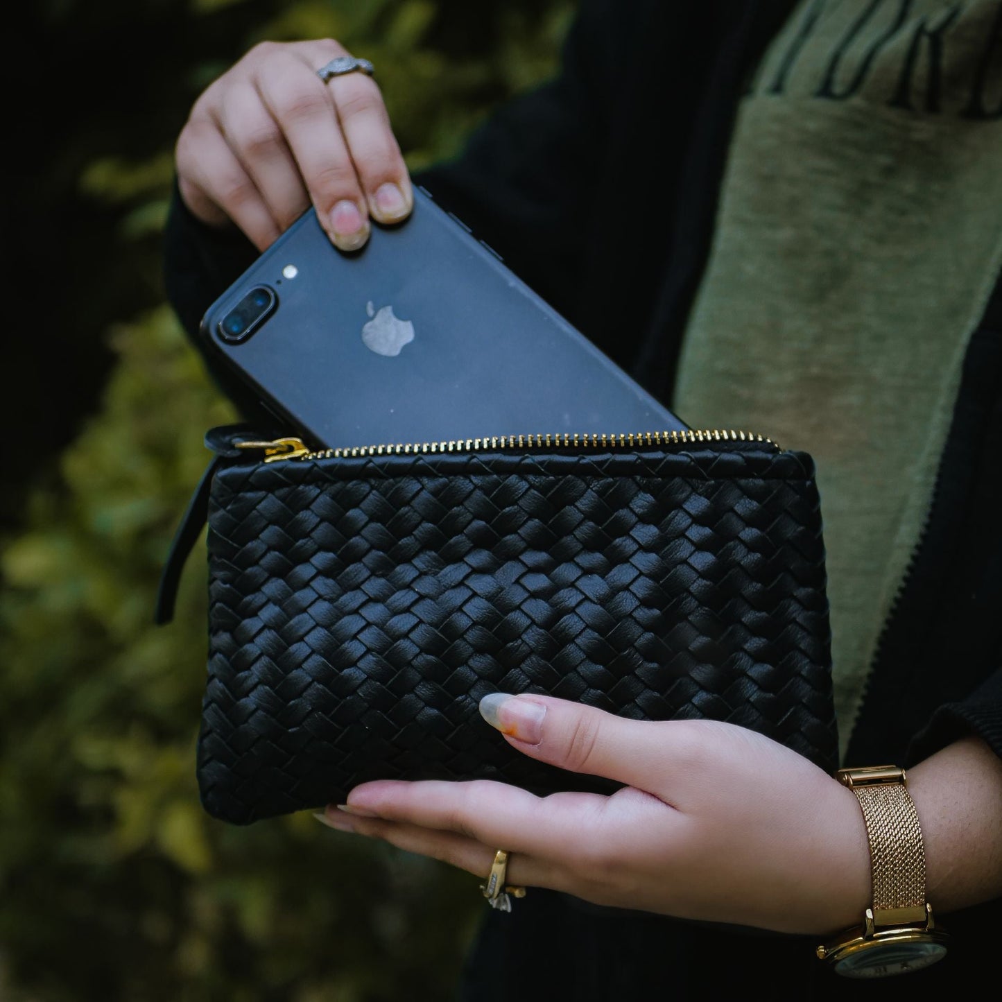 Coffer Mini Handwoven Leather Zipper Clutch-Black