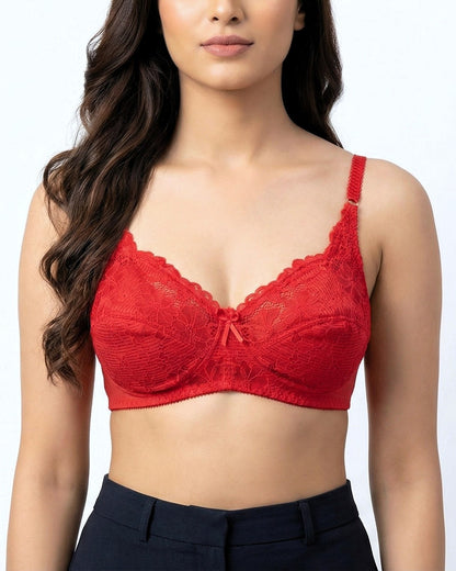 LACENTIALS Luxe, Intricate Lace Cup Unpadded Polyester Jersey Bra, Red
