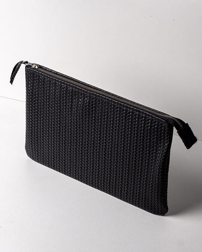 Coffer Mini Handwoven Leather Zipper Clutch-Black