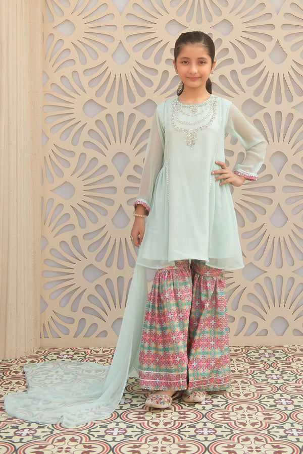 Ochre Clothing Girls Full Suits Chiffon Hand Adda Work 3 Pc Suit