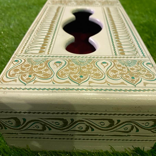 White and Gold Naqshi Tissue Box: Elegant Decor Accent for Any Room
