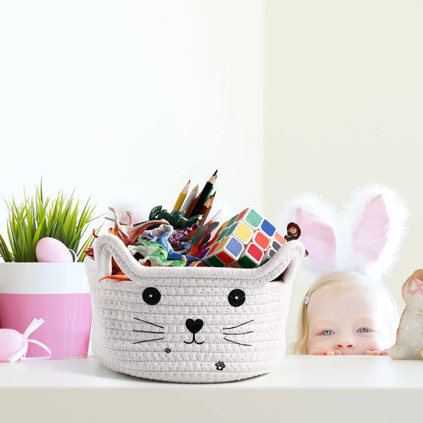 Cat-Shaped Kids Toy Basket  Cotton Rope Storage Basket (Small)