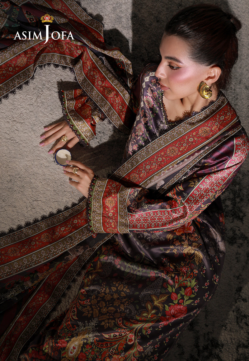 AJCS-09 Printed Charmeuse Silk Unstitched 3 Pcs
