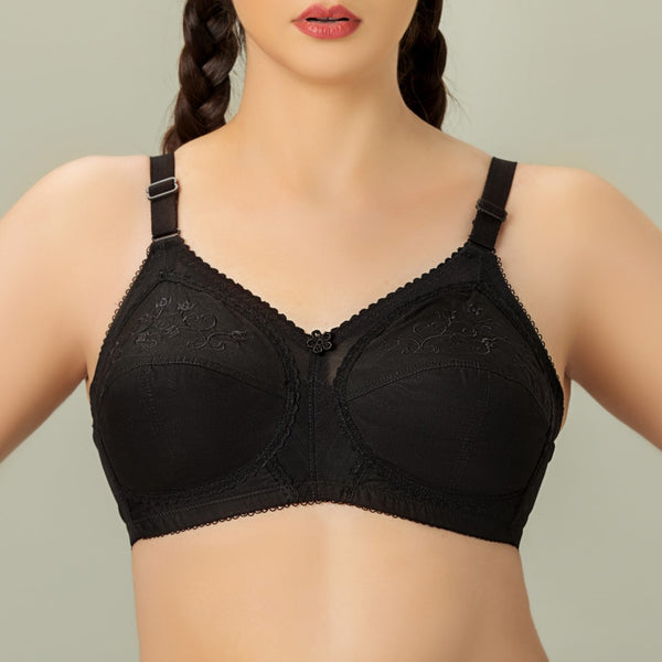 DORIA Cotton, Cotton Embroidered Unpadded Control Bra, BLACK