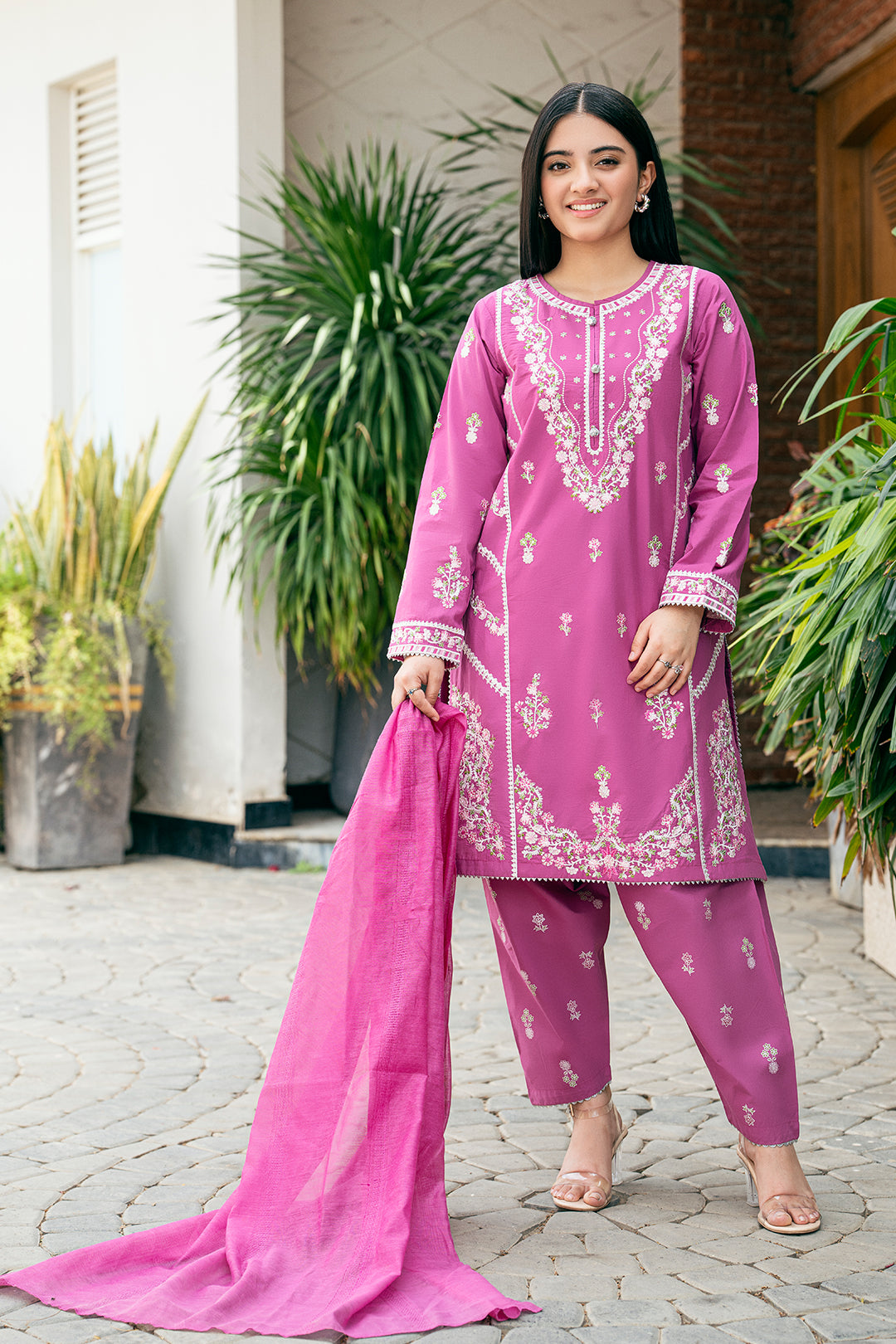 EMBROIDERED SHIRT AND SHALWAR TABEL PRINT 3 PCS SUIT SKU:TSFC-026