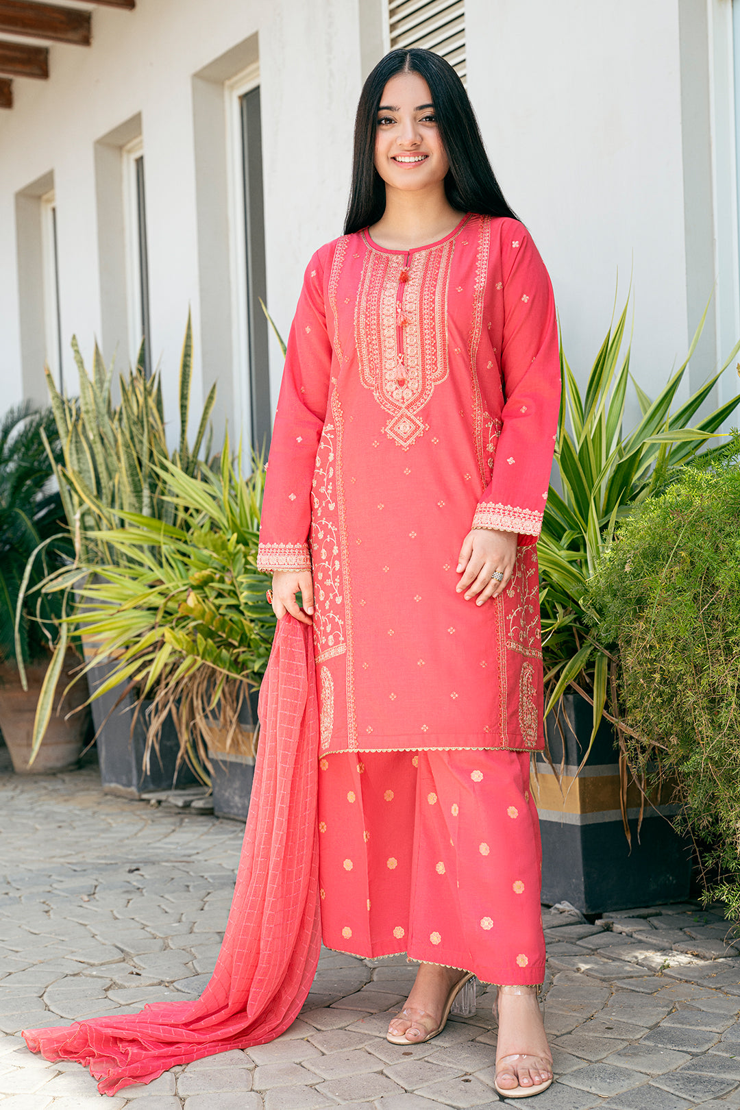 EMBROIDERED SHIRT AND PLAZZO TABEL PRINT 3 PCS SUIT SKU : T-SFC-028