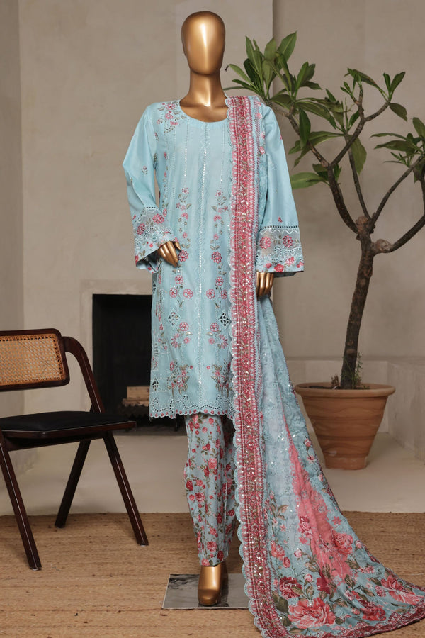 Bin Saeed Stitched 3 Piece Luxury Plain Cotton With Printed Back Vol-02 Collection'2025-NSM-2249-Ferozi