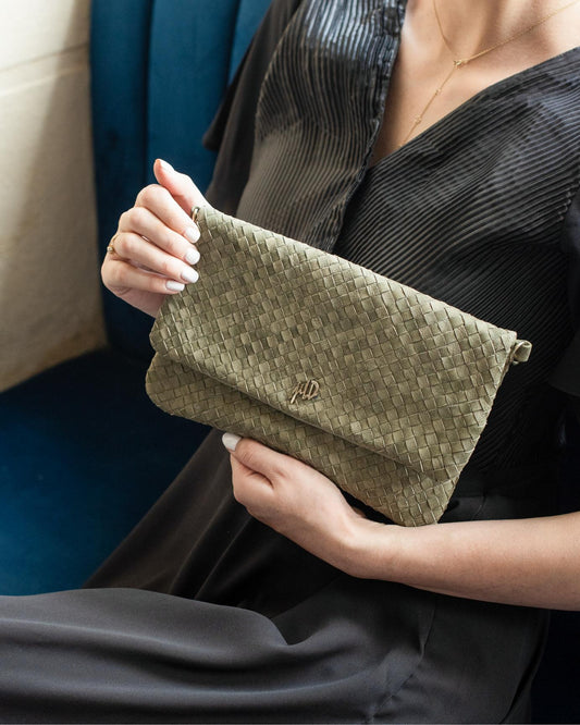 Woven Dreams Fold Over Cross Body Leather Clutch- Zipper