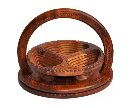 Vintage Hand Carved Wooden Collapsible Fruit Basket Heart Shaped 12" Diameter