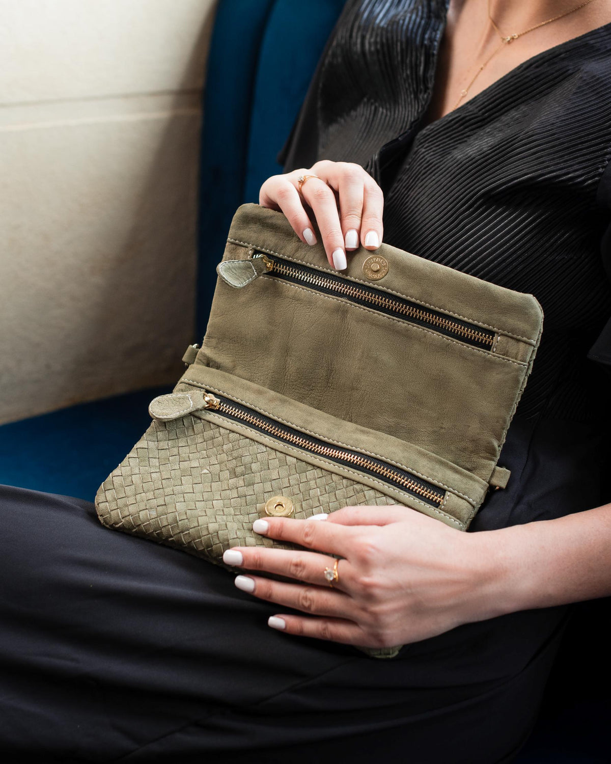 Woven Dreams Fold Over Cross Body Leather Clutch- Zipper