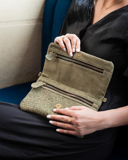 Woven Dreams Fold Over Cross Body Leather Clutch- Zipper