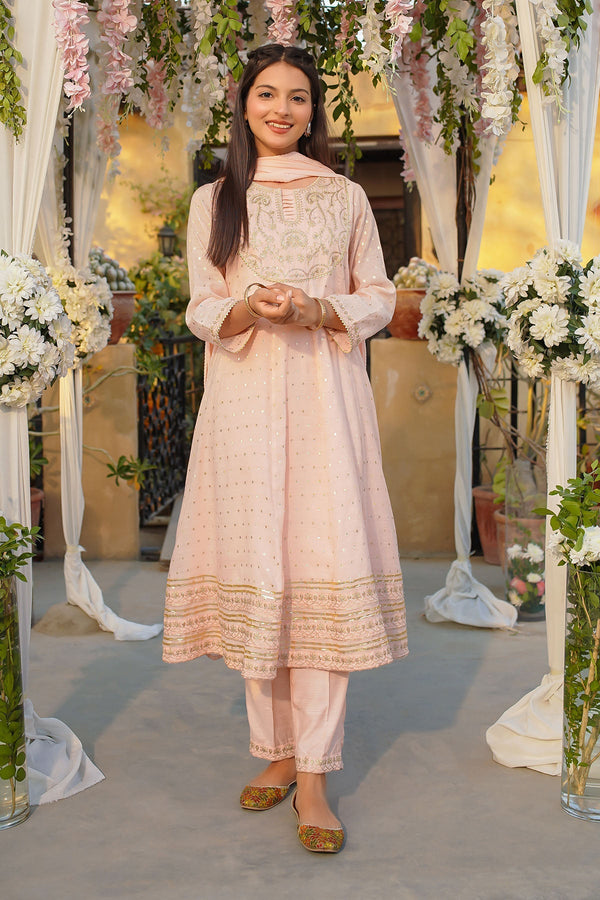 Ochre Clothing Girls Full Suits Slub Manar Embroidered 3 Pc Suit