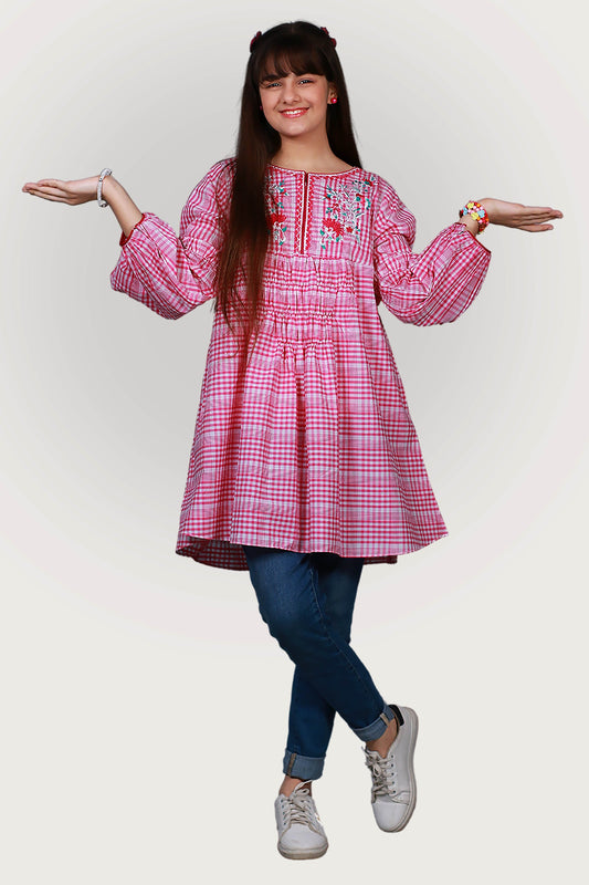 CHECK EMBROIDRED FROCK SKU: FRK-035