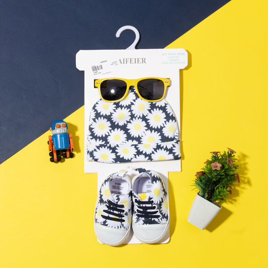 Baby Girl 3 Piece Caps Sun Glasses and Pre Walker Set Sun Flower Print