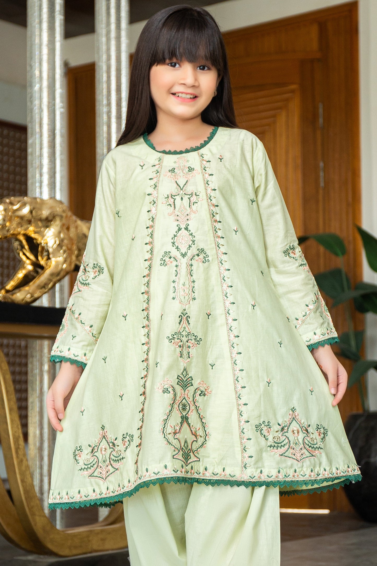 2PCS-059, Mint green cotton lawn 2 pc dress with comination of multi color embroidery (summer frindly )