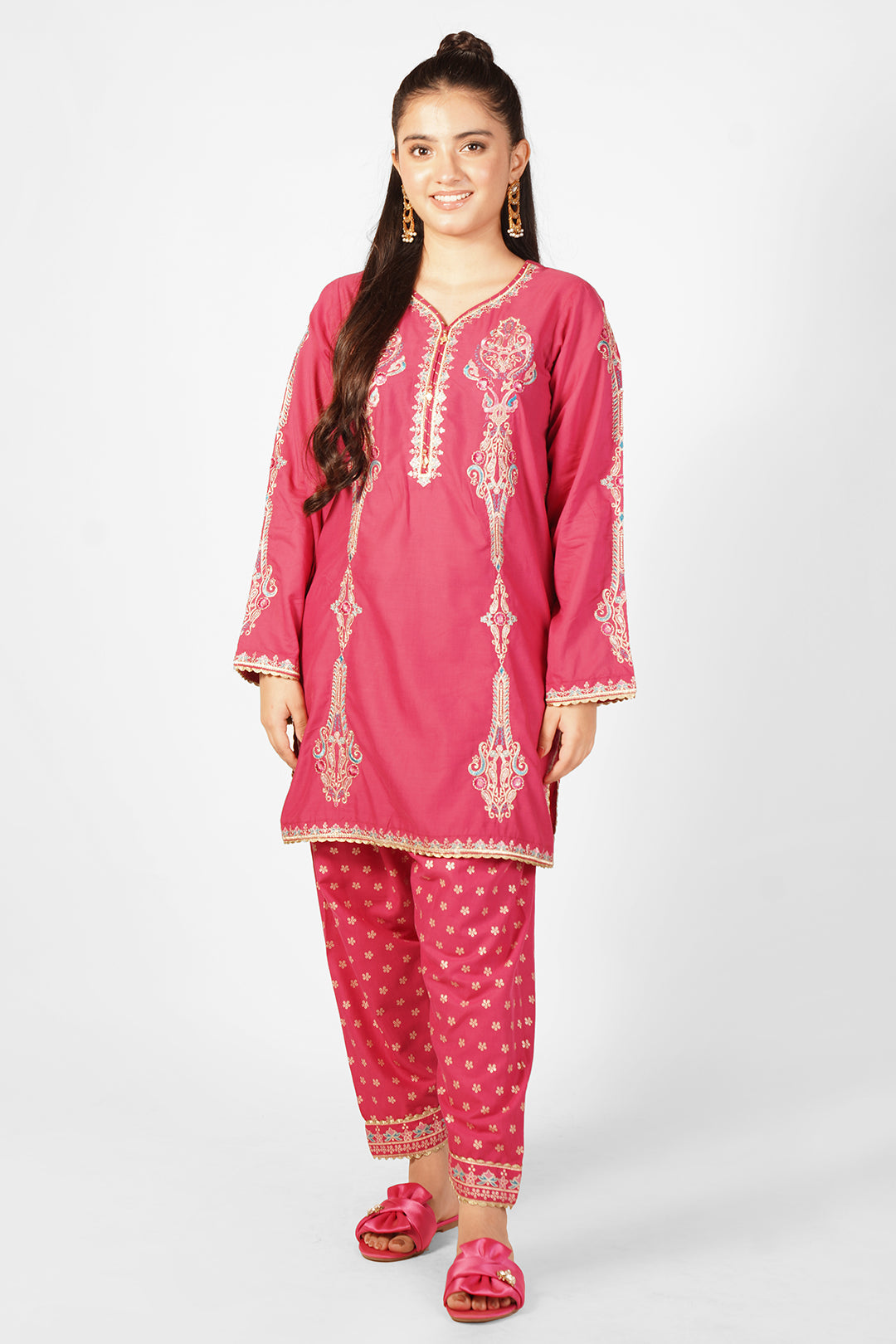 2PCS Embroidered with table print Suit in Dark Pink SKU: SFC-198