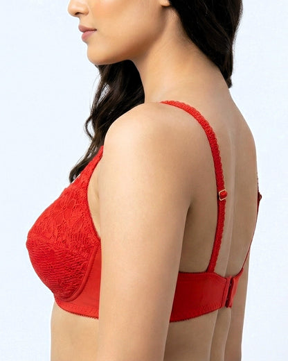 LACENTIALS Luxe, Intricate Lace Cup Unpadded Polyester Jersey Bra, Red