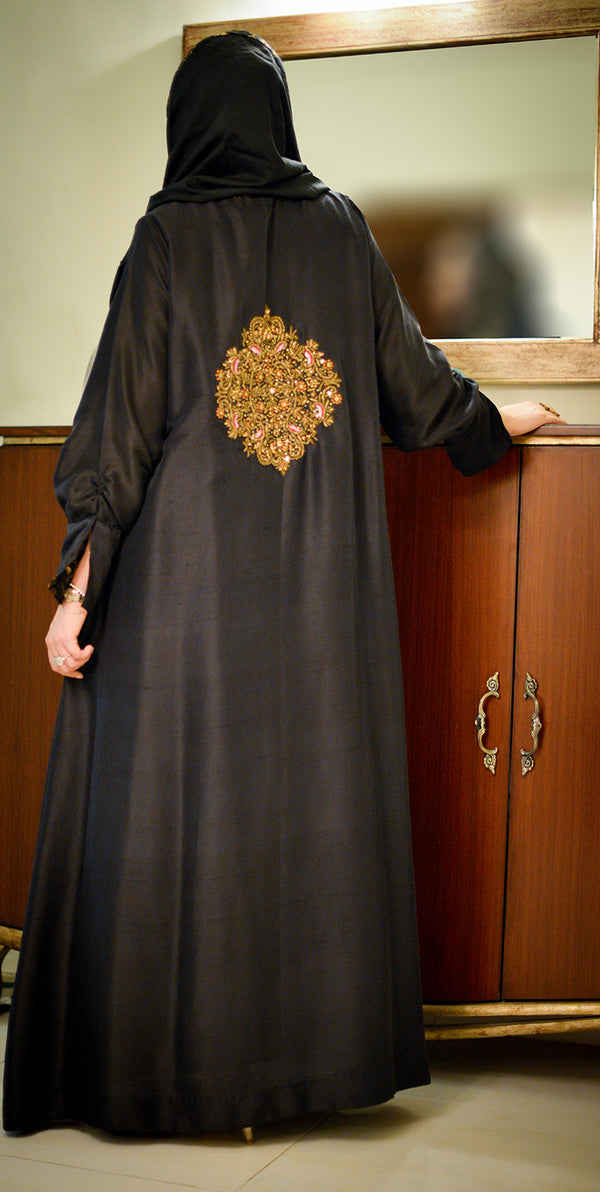 A007 BLACK CHIFFON KARANDI & SILK LAYERED CLOAK