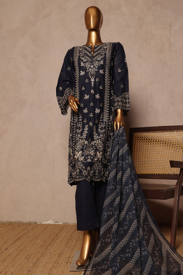 Bin Saeed Stitched 3 Piece Luxury Plain Cotton With Chiffon Dupatta Collection'2025-SMPC-1877-Blue