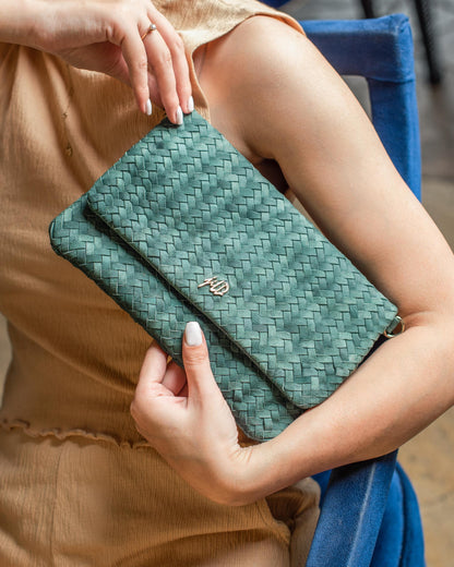 Woven Dreams Fold Over Cross Body Leather Clutch- Zipper