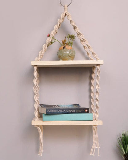 2-Tier Macrame Floating Wall Shelf Hanging Wooden Shelves