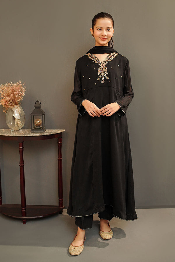 Ochre Clothing Girls Full Suits Chiffon Hand Adda Work 3 Pc Suit