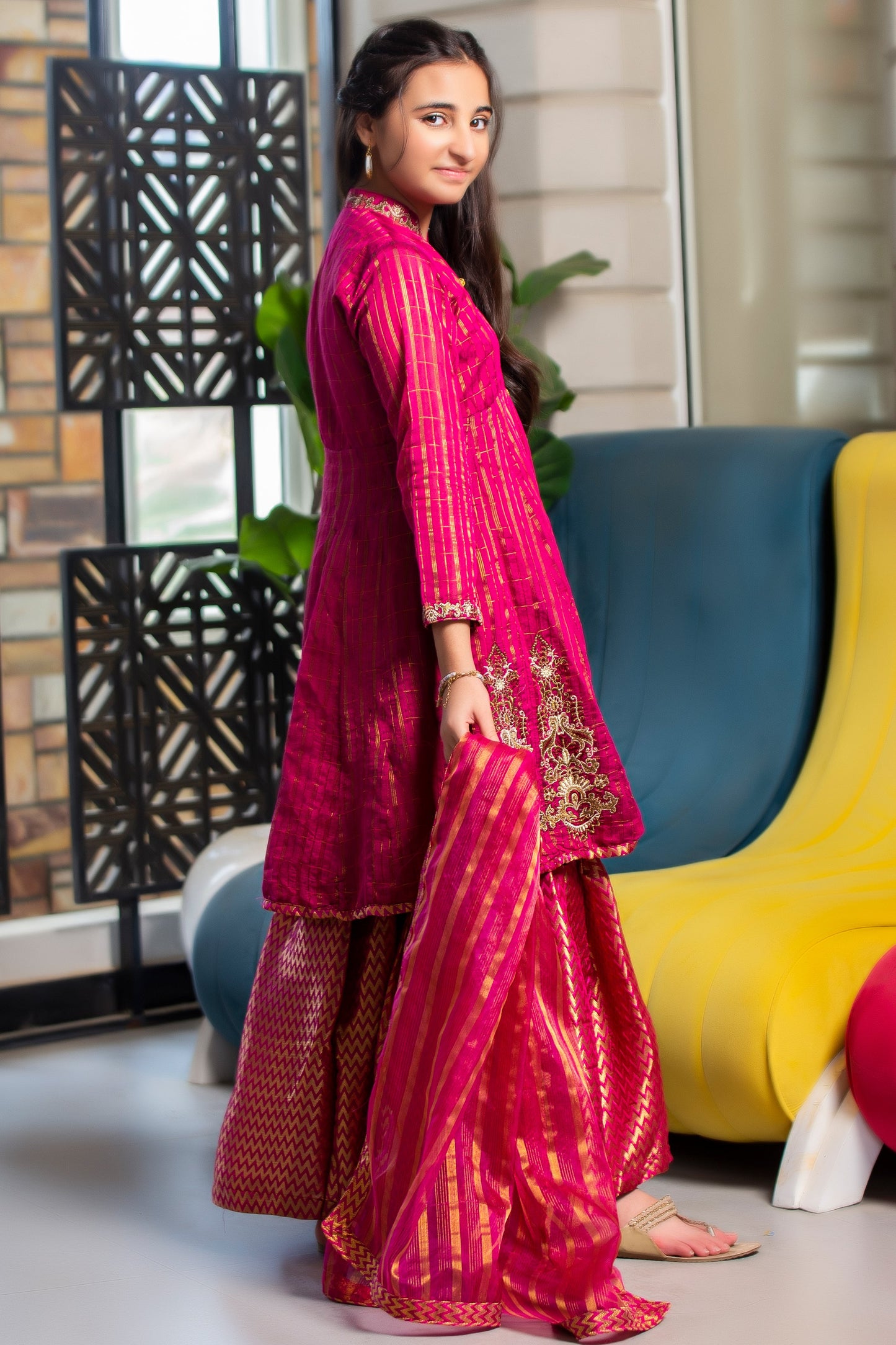 RTWFDS-001, Dark pink dress with the combination or golden brown embroidery on orgenza jaquard
