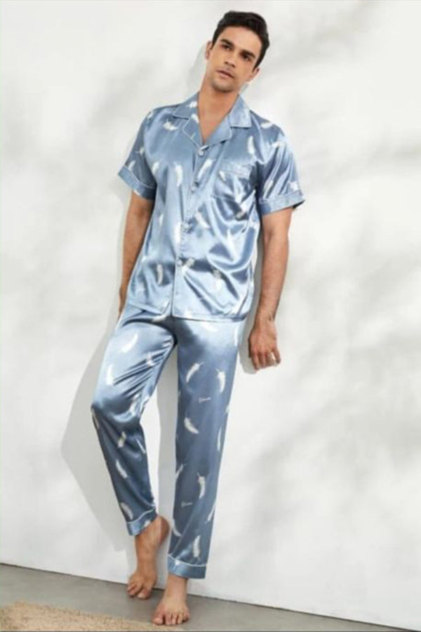 Studio By Arj Sebastian Men's Silky Satin silver lapel collar button front satin pj set
