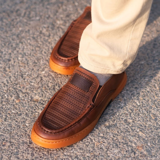 Turkish-Made Dotted-Design Brown Leather Shoe Light Brown in Color