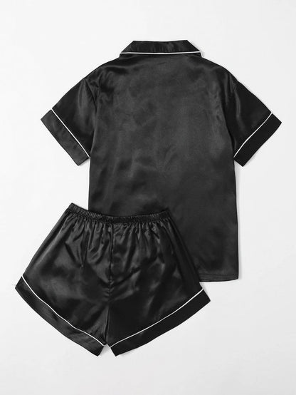 Bella de Fashion Styles Womenâ€™s Contrast Pipping Satin Short PJ Set /Nightdress Silky/ Night Suit For Womenâ€™s  ARJ-SHT-01-BLK