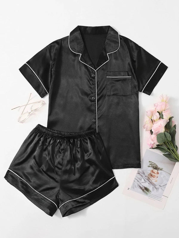 Bella de Fashion Styles Womenâ€™s Contrast Pipping Satin Short PJ Set /Nightdress Silky/ Night Suit For Womenâ€™s  ARJ-SHT-01-BLK