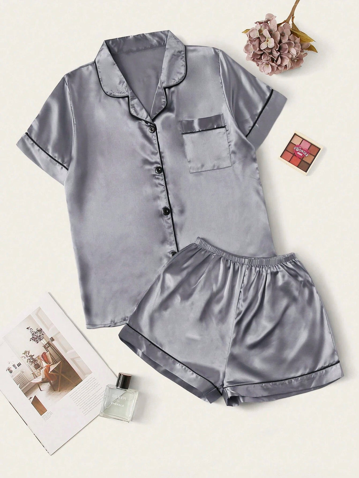 Bella de Fashion Trends Womenâ€™s Contrast Pipping Satin Short PJ Set /Nightdress Silky/ Night Suit For Womenâ€™s  ARJ-SHT-01-GRY