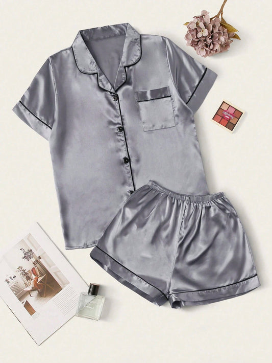 Bella de Fashion Trends Womenâ€™s Contrast Pipping Satin Short PJ Set /Nightdress Silky/ Night Suit For Womenâ€™s  ARJ-SHT-01-GRY