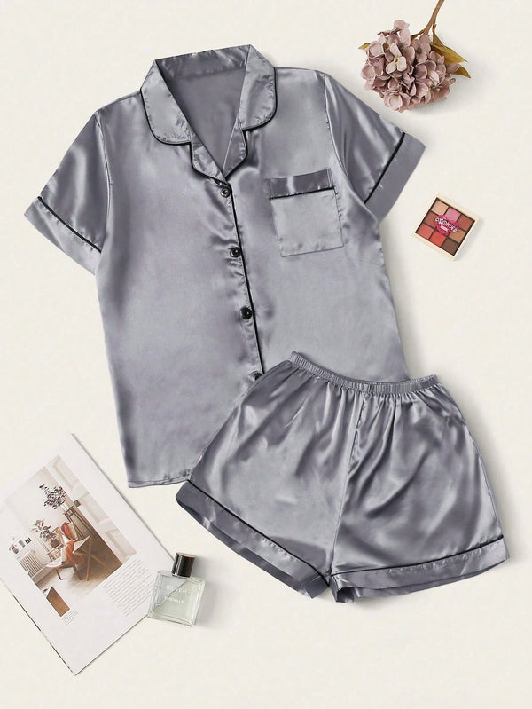 Bella de Fashion Trends Womenâ€™s Contrast Pipping Satin Short PJ Set /Nightdress Silky/ Night Suit For Womenâ€™s  ARJ-SHT-01-GRY