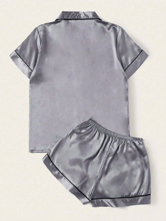 Bella de Fashion Trends Womenâ€™s Contrast Pipping Satin Short PJ Set /Nightdress Silky/ Night Suit For Womenâ€™s  ARJ-SHT-01-GRY