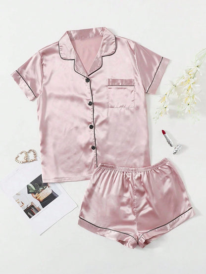 Bella de Fashion Chic Womenâ€™s Contrast Pipping Satin Short PJ Set /Nightdress Silky/ Night Suit For Womenâ€™s ARJ-SHT-01-PNK
