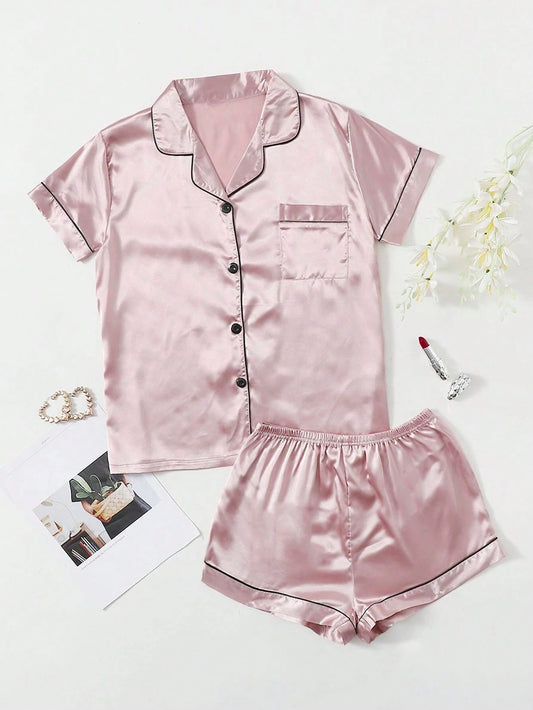 Bella de Fashion Chic Womenâ€™s Contrast Pipping Satin Short PJ Set /Nightdress Silky/ Night Suit For Womenâ€™s ARJ-SHT-01-PNK