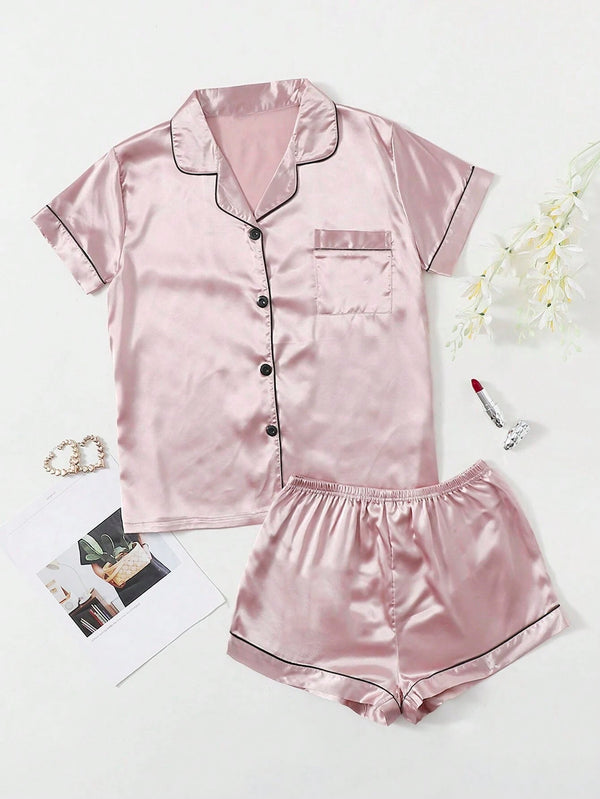 Bella de Fashion Chic Womenâ€™s Contrast Pipping Satin Short PJ Set /Nightdress Silky/ Night Suit For Womenâ€™s ARJ-SHT-01-PNK