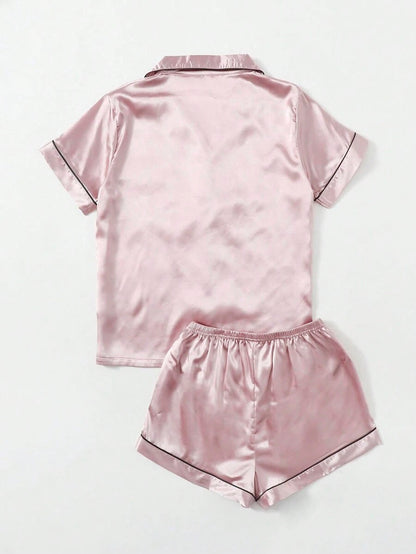 Bella de Fashion Chic Womenâ€™s Contrast Pipping Satin Short PJ Set /Nightdress Silky/ Night Suit For Womenâ€™s ARJ-SHT-01-PNK