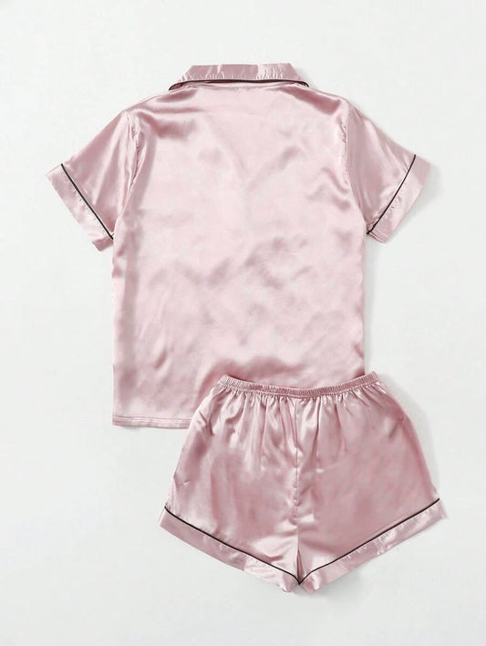 Bella de Fashion Chic Womenâ€™s Contrast Pipping Satin Short PJ Set /Nightdress Silky/ Night Suit For Womenâ€™s ARJ-SHT-01-PNK