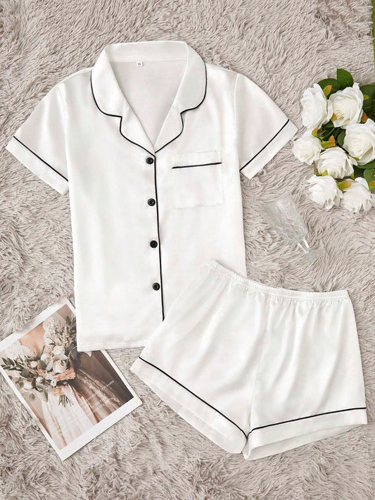 Bella de Fashion Treasures Womenâ€™s Contrast Pipping Satin Short PJ Set /Nightdress Silky/ Night Suit For Womenâ€™s  ARJ-SHT-01-WHT