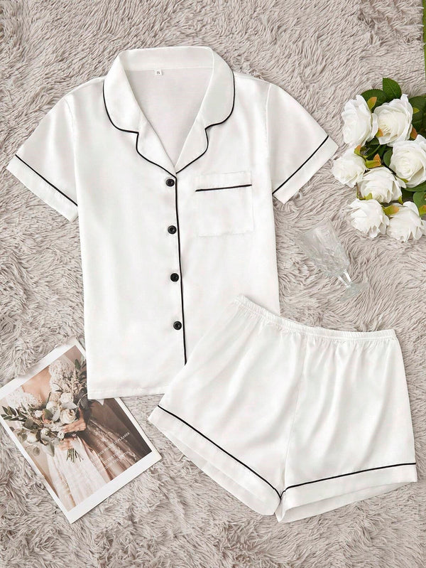 Bella de Fashion Treasures Womenâ€™s Contrast Pipping Satin Short PJ Set /Nightdress Silky/ Night Suit For Womenâ€™s  ARJ-SHT-01-WHT