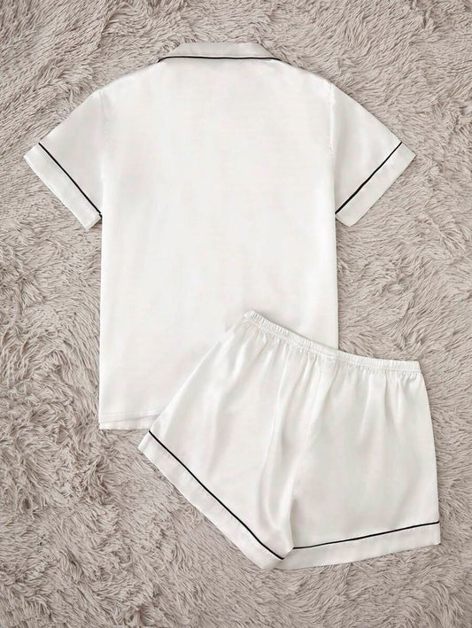 Bella de Fashion Treasures Womenâ€™s Contrast Pipping Satin Short PJ Set /Nightdress Silky/ Night Suit For Womenâ€™s  ARJ-SHT-01-WHT