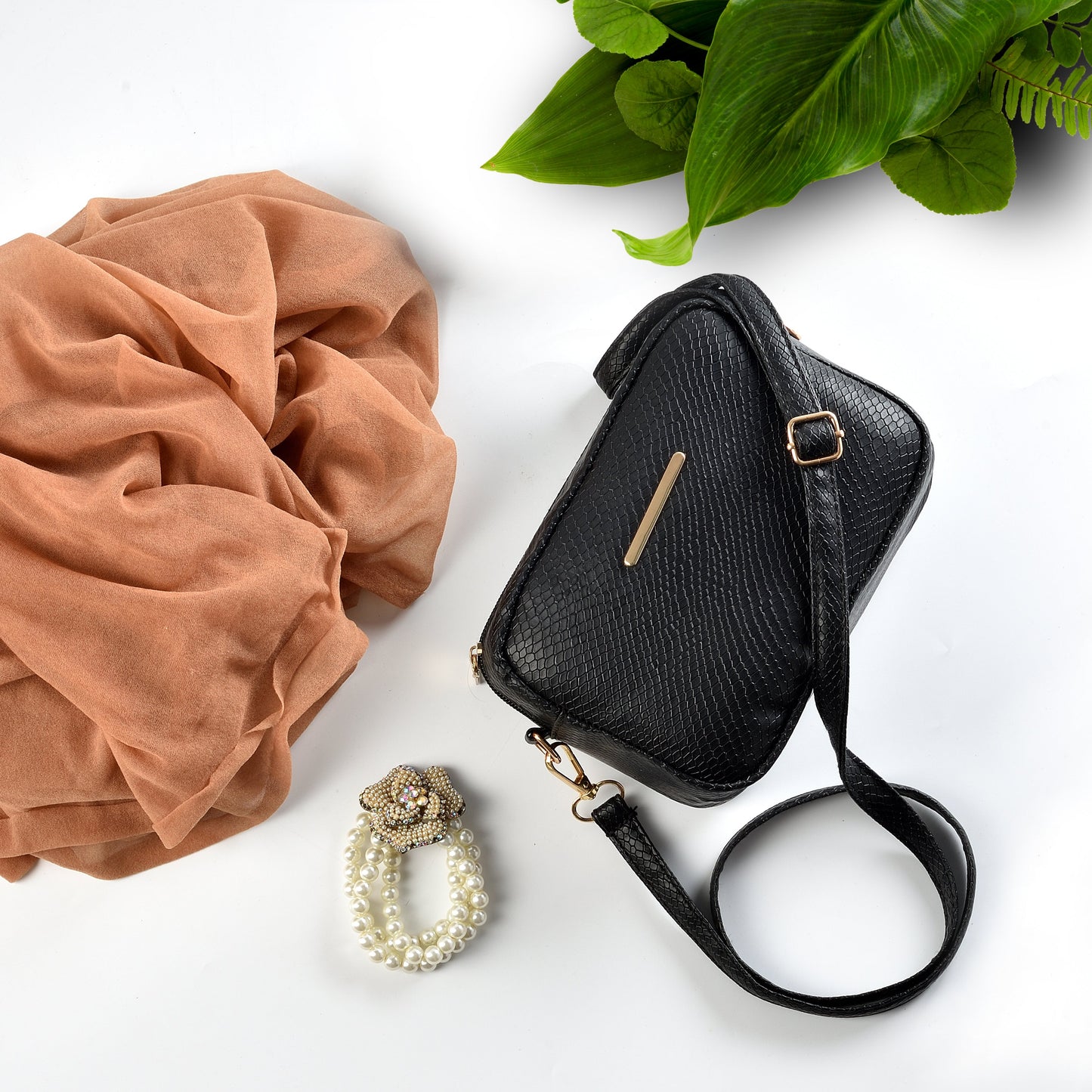 Mini Snakeskin Square Bag - Black