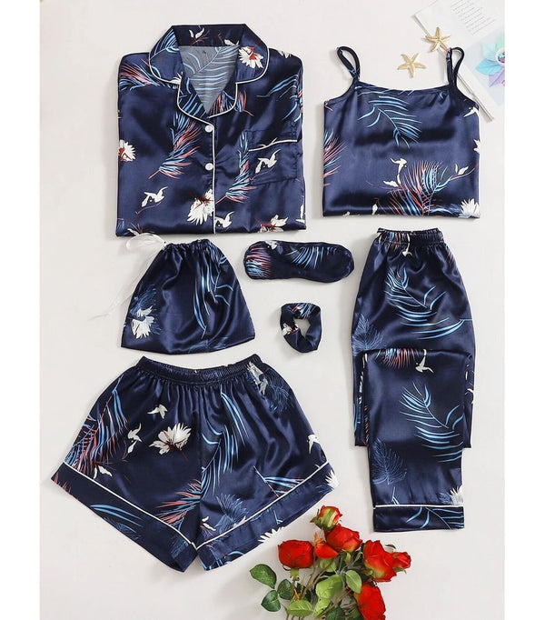 Eshaal Omani Deluxe Pajama Set for Women Silky Finish Night Dress For Women and Girls 7 Piece Night Wear Women's Pajama Sets