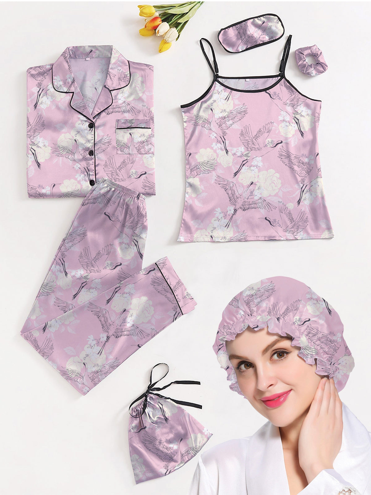 Eshaal Omani Luxe Serenity Nightwear â€“ Silky Finish 7-Piece Pajama Set Silky Finish Night Dress For Women and Girls 7 Piece Night Wear Women's Pajama Sets