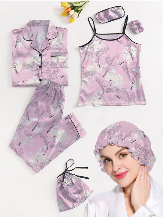 Eshaal Omani Luxe Serenity Nightwear â€“ Silky Finish 7-Piece Pajama Set Silky Finish Night Dress For Women and Girls 7 Piece Night Wear Women's Pajama Sets