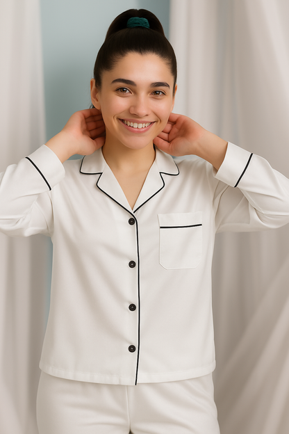 Silk PJ Set - White With Black Piping