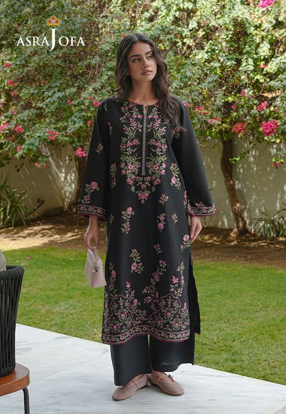 Asra Jofa ASAE-08 black embroidered cambric 2-piece suit with pink floral embroidery and wide-leg trousers – full length front view